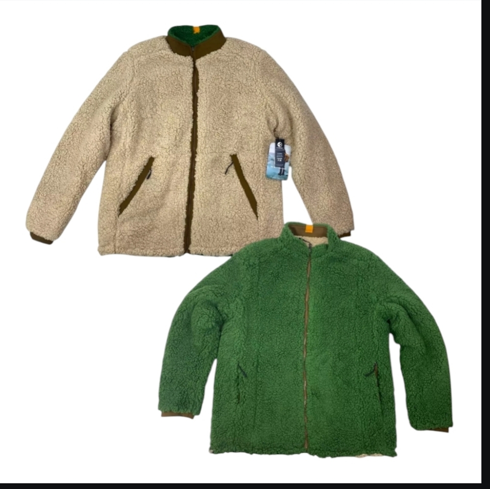 NWT BE BOUNDLESS Men's Cozy Reversible Full Zip Sherpa Jacket Ecru Spruce XL